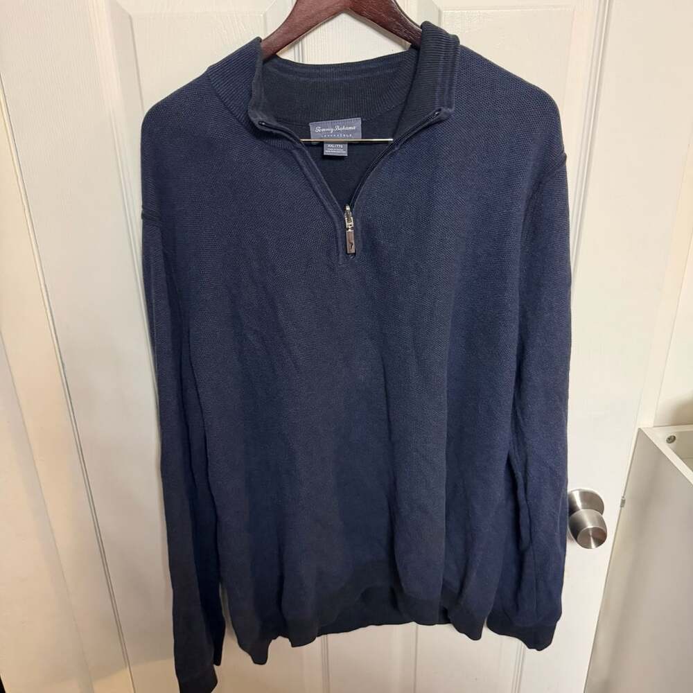 Tommy Bahama Reversible Quarter Zip Pullover Sweater XXL Blue Cotton